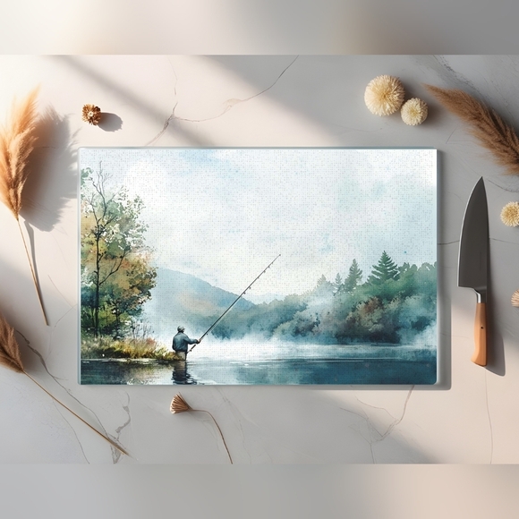 None Other - Scenic Fishing Glass Cutting Board Size 11 X  8